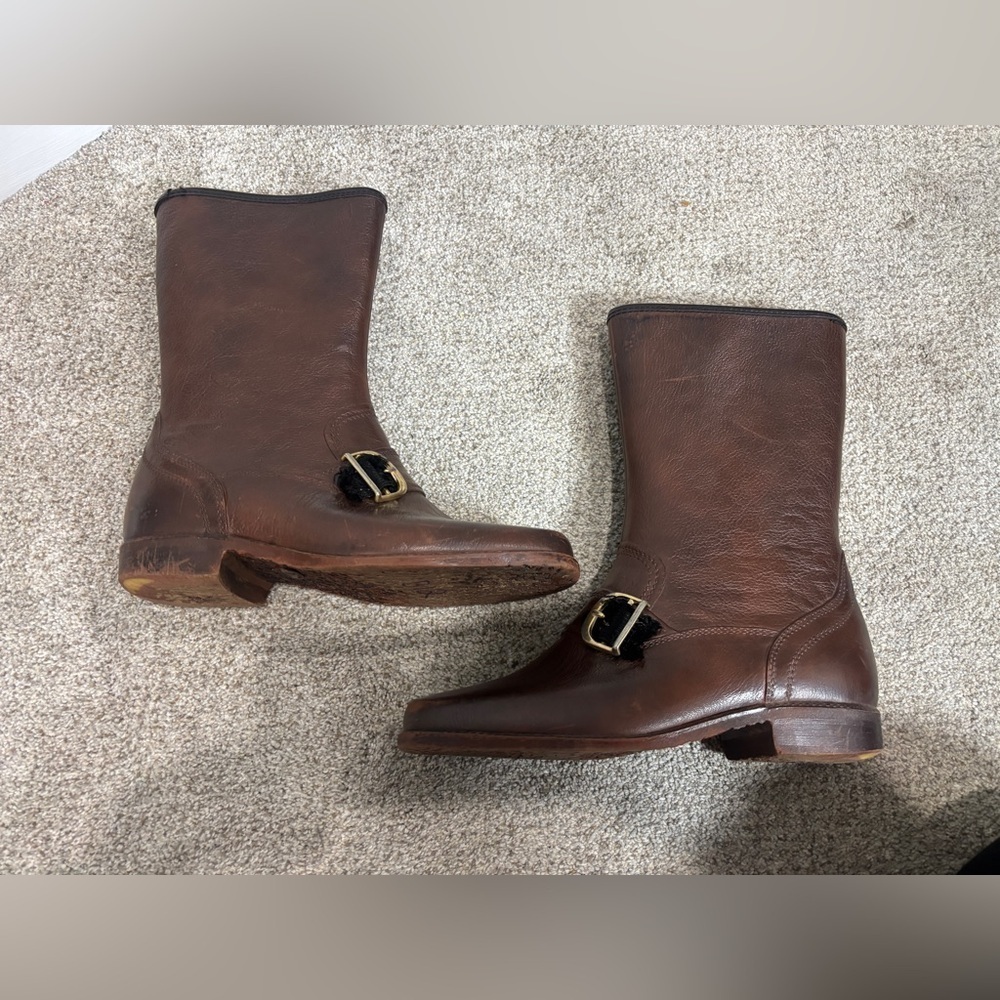 Vintage Men’s Leather Waterproof Size 7 Brown Motorcycle Riding Boots Buckle